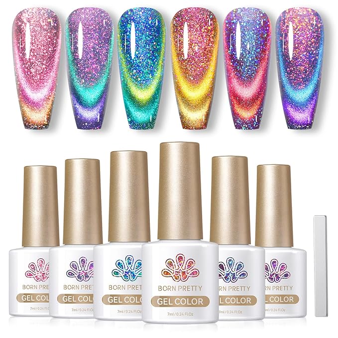 Born Pretty Cat Magnetic Gel Nail Polish 9D Chameleon Holorgraphic Cat Magnetic Eye Gel Polish Glitter Gel Polish Set 6PCS-Velvo Beauty