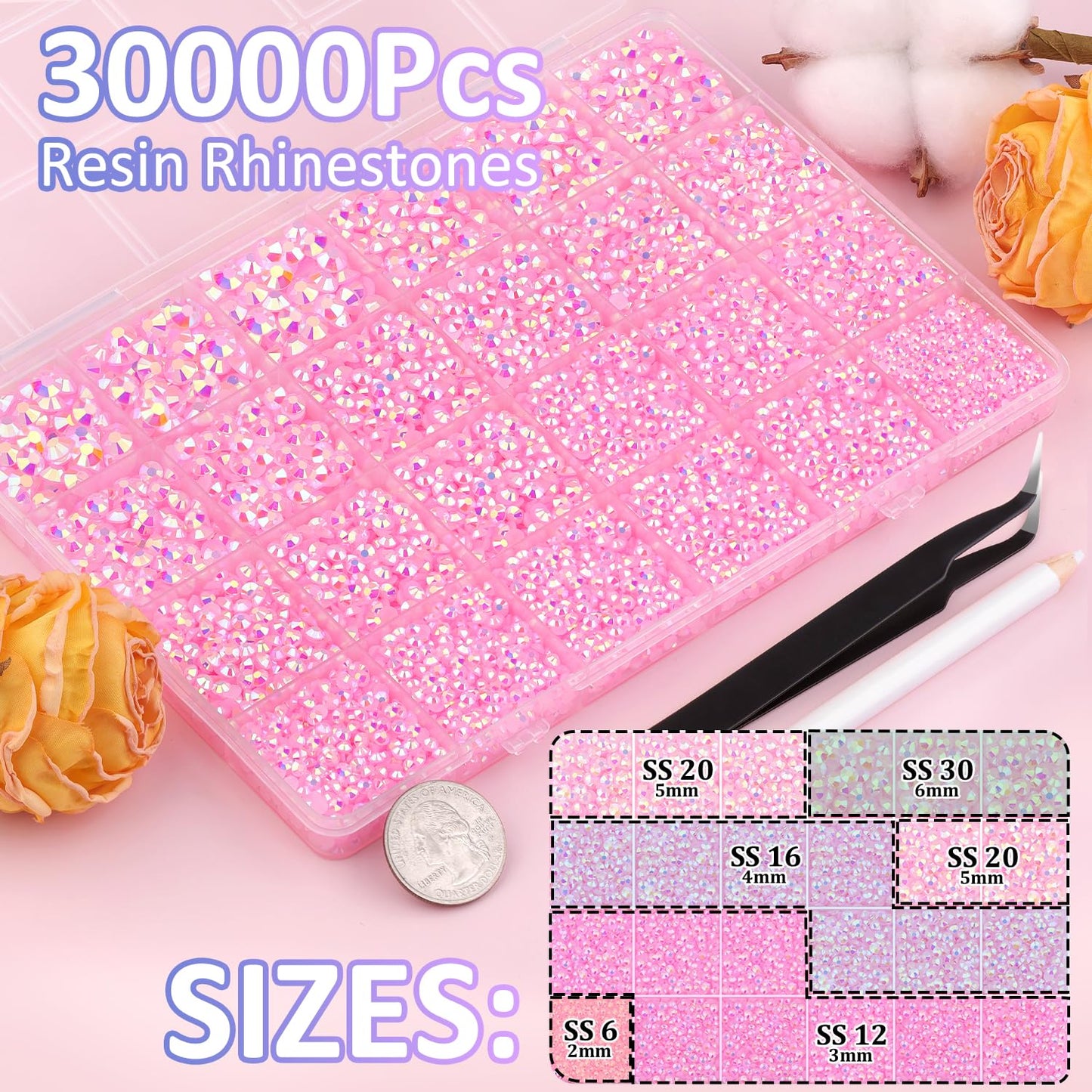 30000Pcs Light Pink AB Rhinestones for Bedazzling with B7000 Jewelry Glue, Bedazzler Kit Flatback Gems, Resin Rhinestones for Crafting Crafts Clothing Shoes Fabric Nail Art Assorted Size 2/3/4/5/6mm-Velvo Beauty