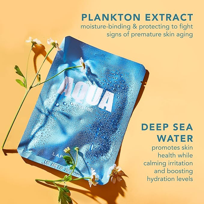 LAPCOS Aqua Sheet Mask, Hydrating Daily Face Mask with Seawater and Plankton Extract to Nourish Skin, Korean Beauty Favorite, 5-Pack-Velvo Beauty
