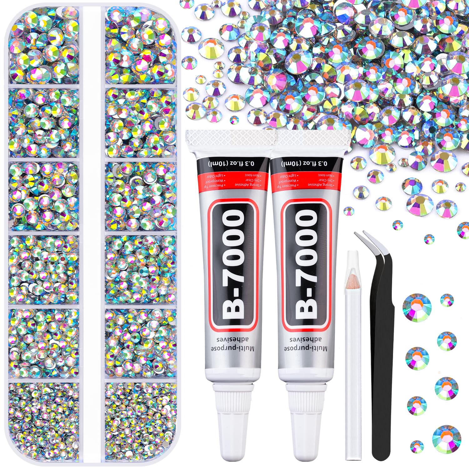 6100Pcs Jelly Resin Rhinestones for Crafting with 2Pcs 10ml B7000 Jewelry Glue, 1 Box Flatback Crystals Diamond (Clear AB) for Bedazzling Crafts DIY Nail Art Non Hotfix Gems for Clothing Shoes-Velvo Beauty