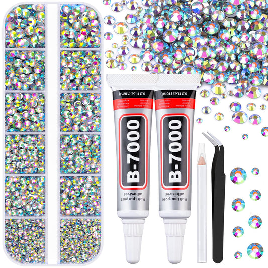 6100Pcs Jelly Resin Rhinestones for Crafting with 2Pcs 10ml B7000 Jewelry Glue, 1 Box Flatback Crystals Diamond (Clear AB) for Bedazzling Crafts DIY Nail Art Non Hotfix Gems for Clothing Shoes-Velvo Beauty