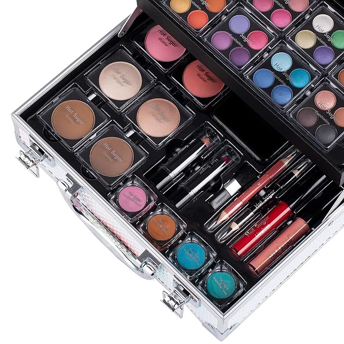 Hot Sugar Makeup Kit for Women Full Kit Teen Girls Starter Cosmetic Gift Set with Cute Mermaid Train Case Includes Pigmented Eyeshadow Palette Blush Lipstick Lip Pencil-Velvo Beauty