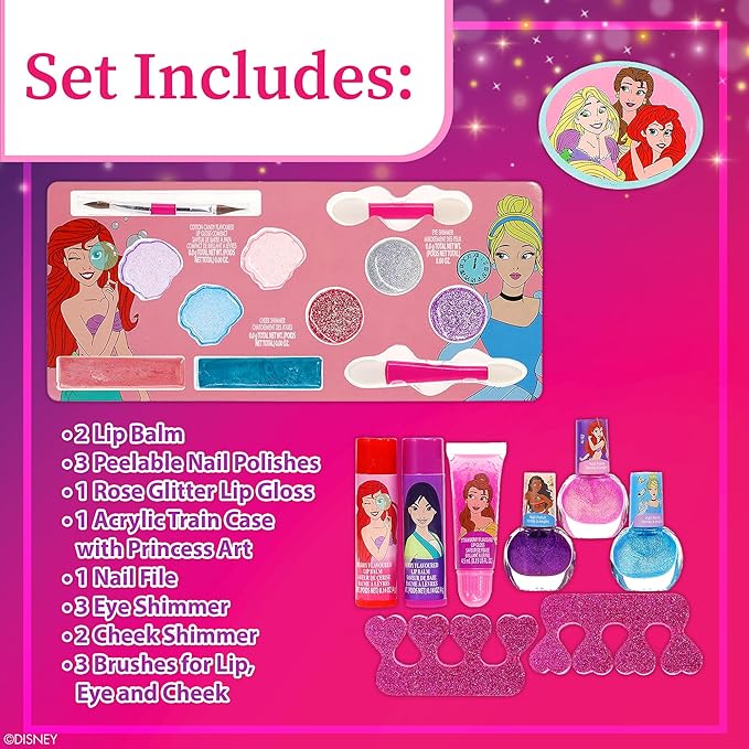 Disney Princess Train Case Girls Beauty Set, Kids Makeup Kit for Girls, Real Washable Toy Makeup Set, Play Makeup, Pretend Play, Party Favor, Birthday, Toys Ages 3 4 5 6 7 8 9 10 11 12-Velvo Beauty
