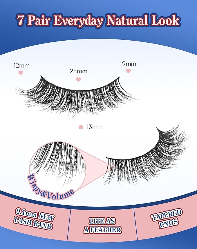 Natural Lashes Natural Look Wispy Eyelashes Flared Strip Eyelash False Eye Lash Soft Eyelashes Pack 7 Pairs 13MM D75-Velvo Beauty