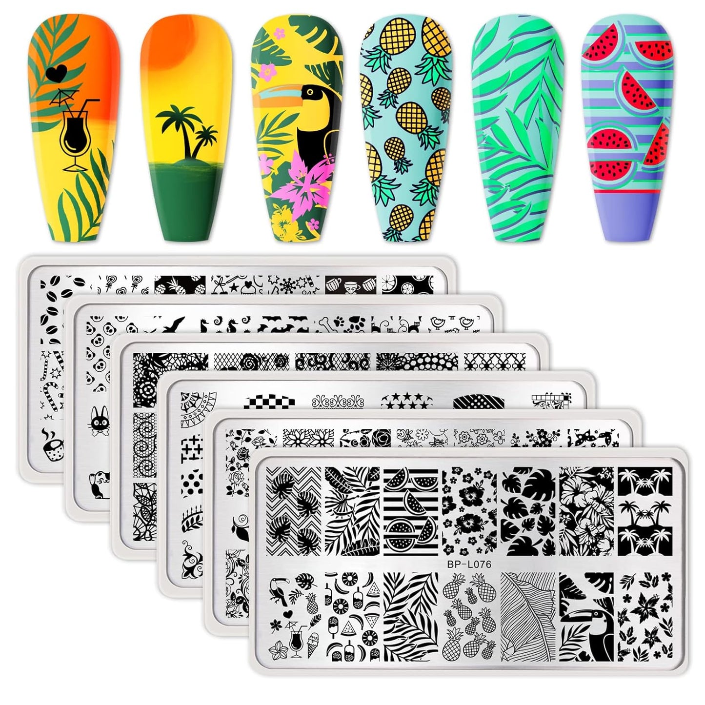 BORN PRETTY Nail Art Stamping Plates Set, Food, Bunnies, Flowers, Lace, Tropical, French Tip Themes Manicuring DIY Nail Templates Plates Print Tool Set-Velvo Beauty