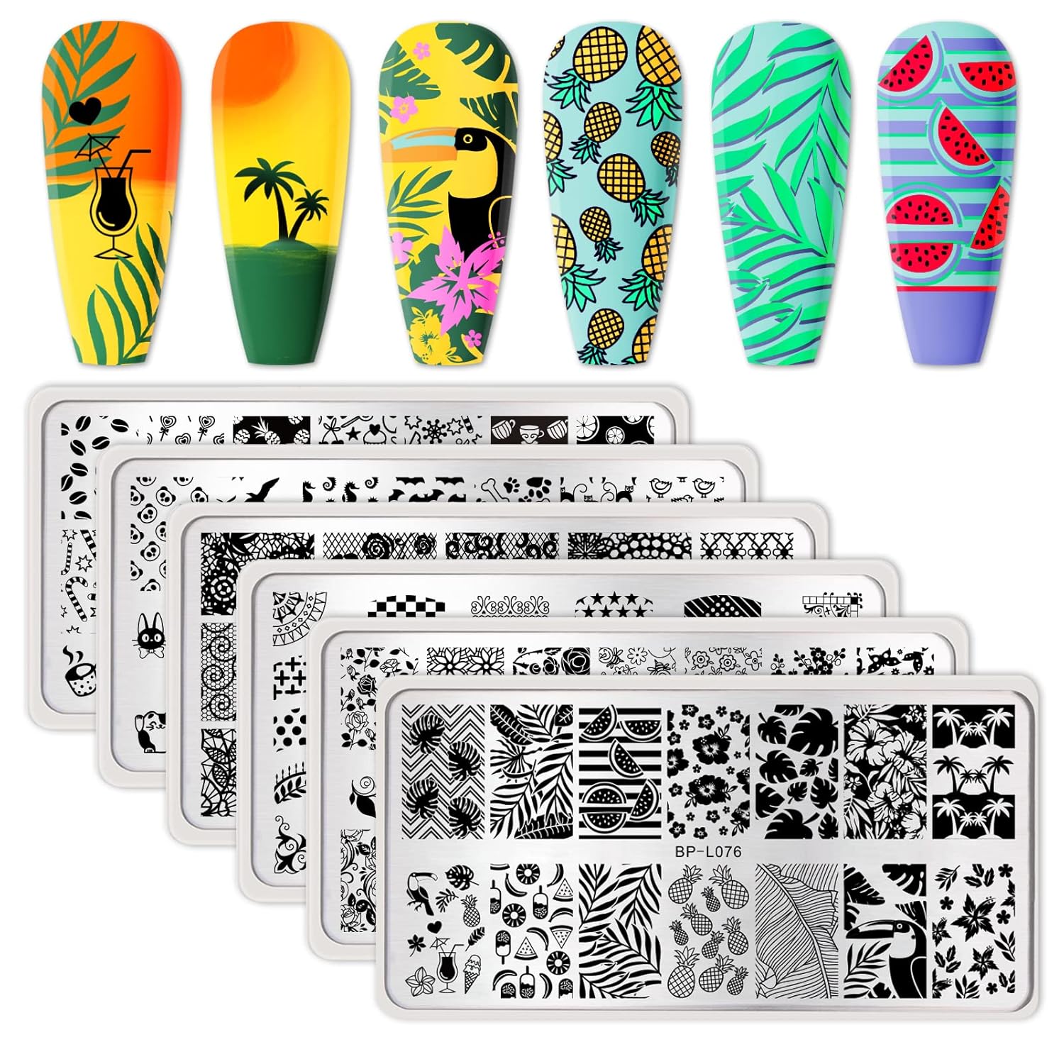 BORN PRETTY Nail Art Stamping Plates Set, Food, Bunnies, Flowers, Lace, Tropical, French Tip Themes Manicuring DIY Nail Templates Plates Print Tool Set-Velvo Beauty