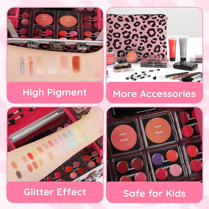 Anpro All-In-One Leopord Double Folding Makeup Carry Case with Pro Teen Makeup Set, Full Starter Kit with Makeup Brushes, Lipsticks, Eyeshadow Palette, Blushes, Glitter Gel, Ideal Present for Girls-Velvo Beauty