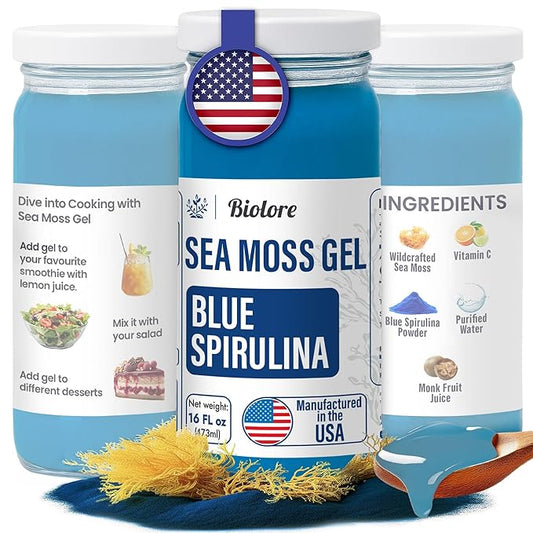 Biolore Sea Moss Gel - Blue Spirulina 16oz, Wildcrafted Irish Seamoss with Essential Vitamins & Trace Minerals, Vegan Superfood Made in USA-Velvo Beauty
