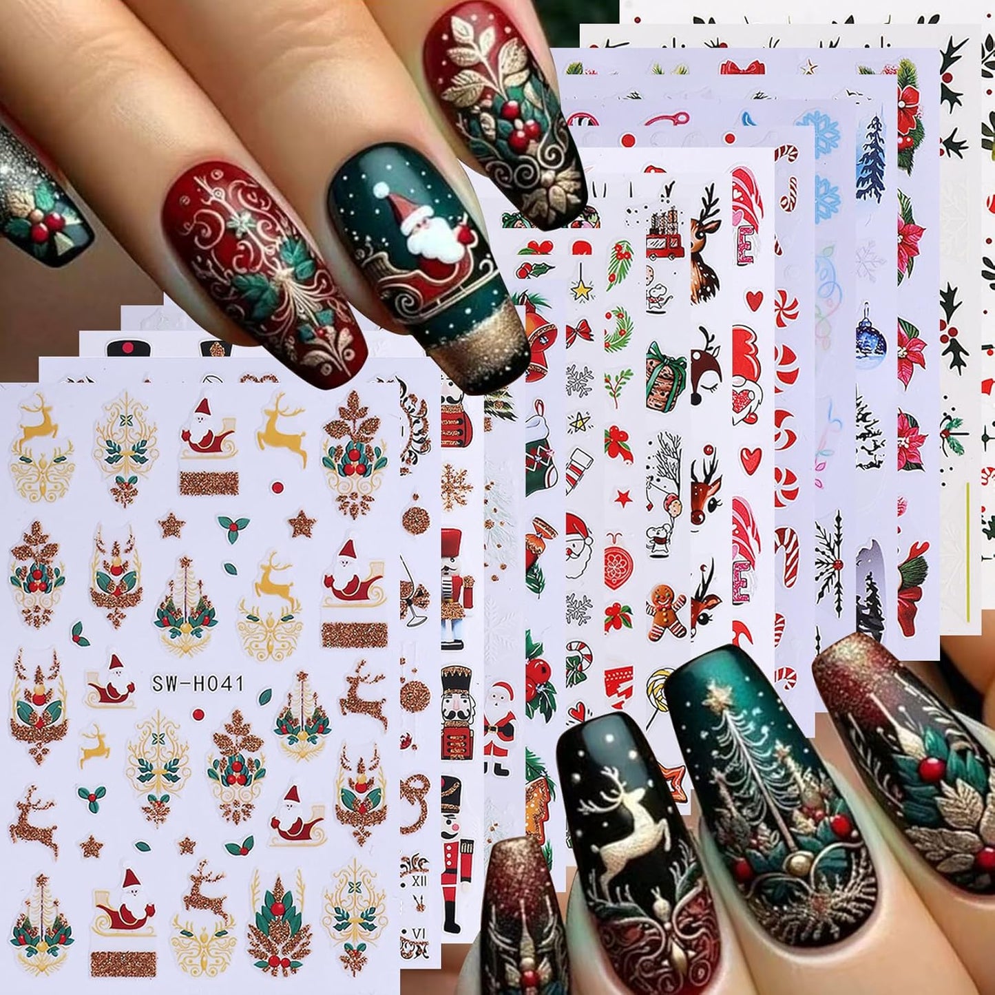 Christmas Nail Art Stickers Decals 16PCS 3D Self-Adhesive New Year Sticker for Nail Art Santa Claus Tree Elk Snowman Gonks Red Designs DIY Xmas Winter Decor Nail Art Supplies for Women Girls-Velvo Beauty