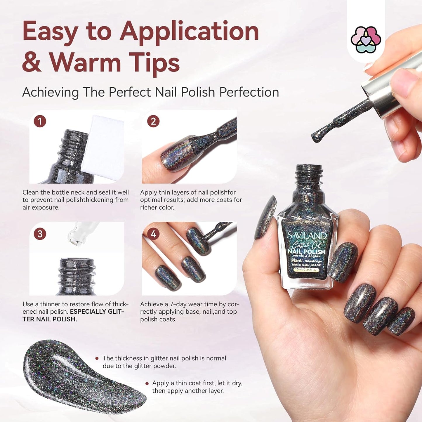 SAVILAND Holographic Black Nail Polish: Metallic Glitter Fingernail Polish Holographic Laser Plant-base Castor Oil Quick Dry Nail Polish Easy Use Remove Chrome Halo Nail Polish Beginner DIY Nail Tech-Velvo Beauty