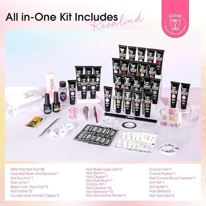 ROSALIND Poly Nail Gel Kit for Beginners - 28 Colors Extension Gel Set with UV/LED Nail Lamp, 72 Accessories (Base/Top Coat, Nail Forms, Tools), Long Lasting Salon Kit for DIY Manicure-Velvo Beauty