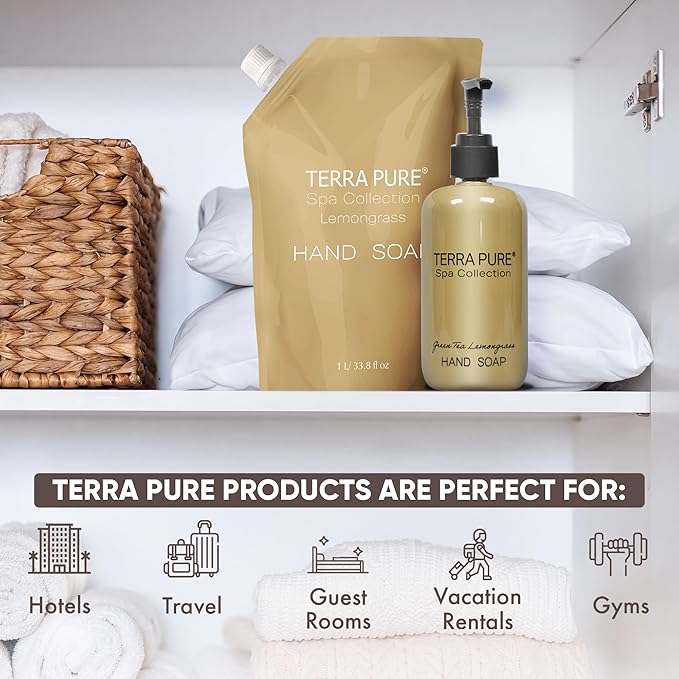 Terra Pure Spa Collection 1 Liter Hand Wash Refill Bag For Soap Dispensers | Bulk Toiletries for Vacation Rentals, and Home Bathroom Showers | Green Tea Lemongrass | Single-Velvo Beauty