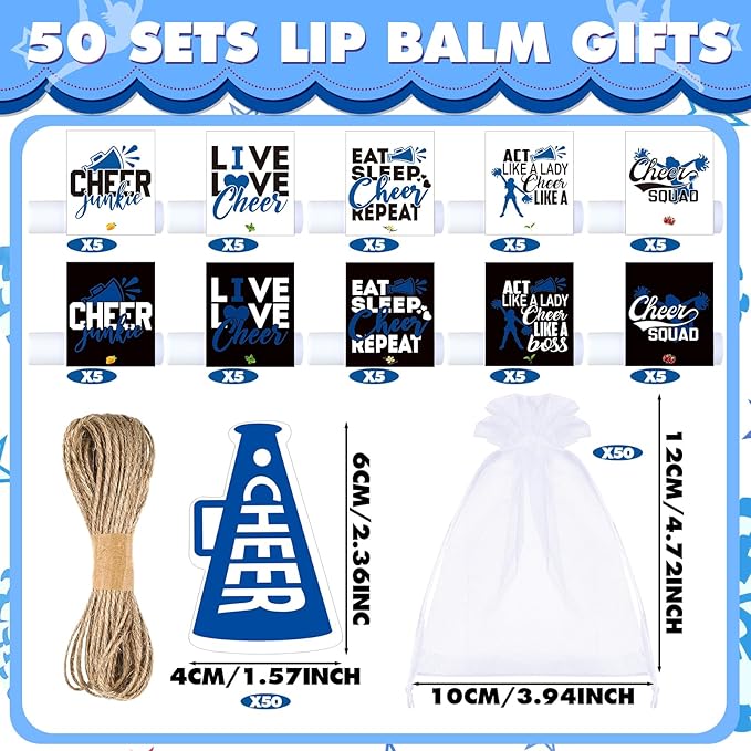 50 Sets Cheer Gifts Bulk 50 Cheer Lip Balm Bulk Moisturizing with 50 Organza Drawstring Gift Bags 50 Tags Cheerleader Gifts Cheer Gifts Bulk for Team (Blue)-Velvo Beauty