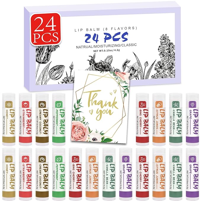 24 Pack Lip Balm, Natural Lip Balm Bulk with Vitamin E and Coconut Oil, Moisturizing Soothing Chapped Lips-8 Flavors-Velvo Beauty