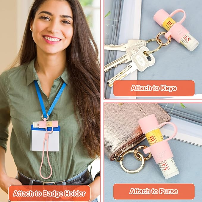Desing Wish Silicone Lip Balm Holder with Cap Cover Portable Chapstick Holder Keychain Sleeve Lip Balm Key Chain with Key Ring and Wrist Strap Lanyard - Pink-Velvo Beauty