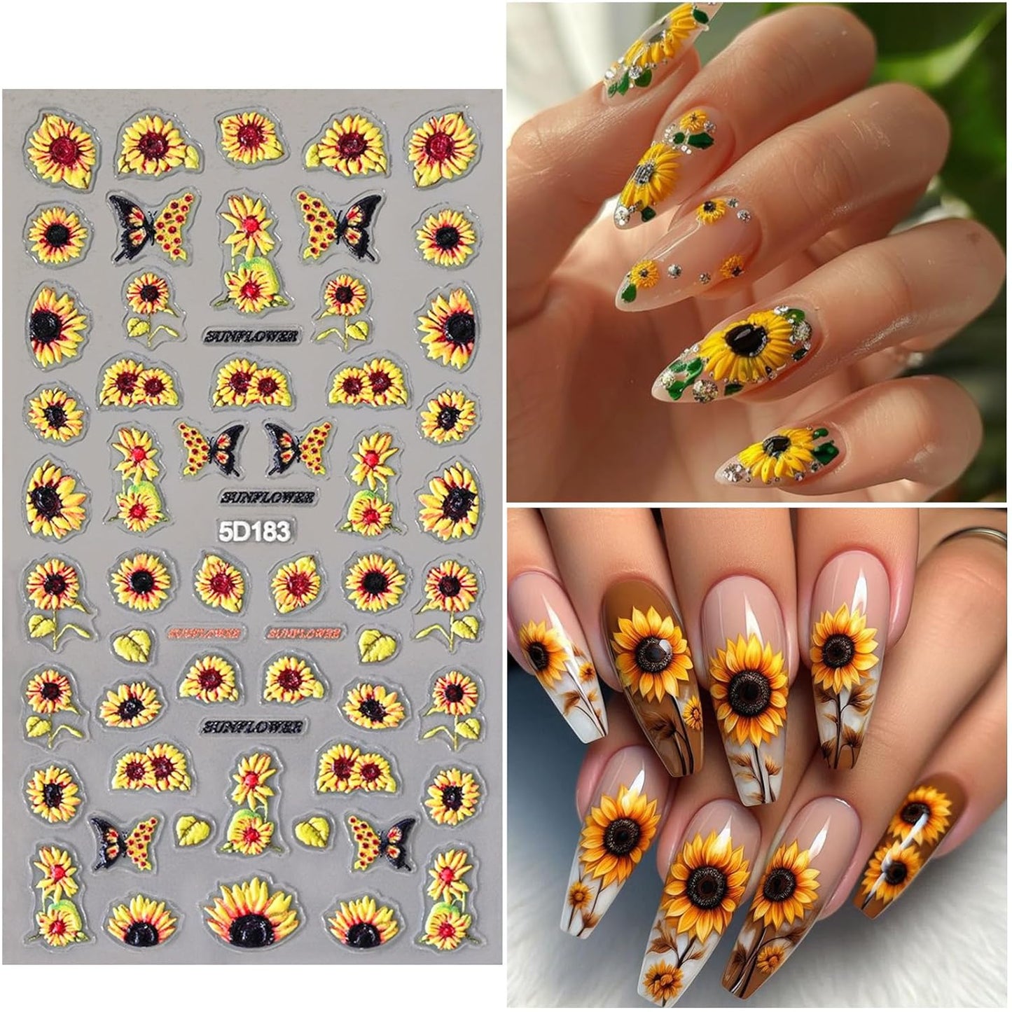 4 Sheets 5D Flower Nail Art Stickers Embossed Nail Decals Autumn Nails Art Design 3D Self-Adhesive Sunflowers Yellow Flower Nails Stickers for Women DIY Decoration-Velvo Beauty