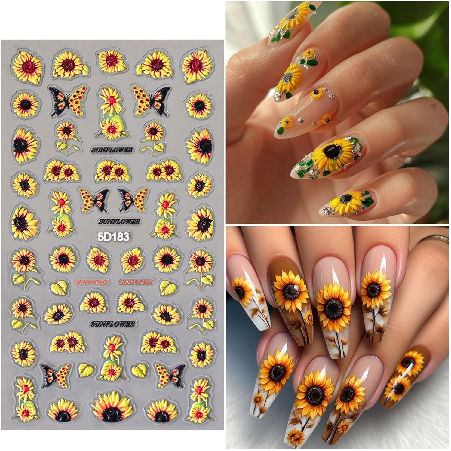 4 Sheets 5D Flower Nail Art Stickers Embossed Nail Decals Autumn Nails Art Design 3D Self-Adhesive Sunflowers Yellow Flower Nails Stickers for Women DIY Decoration-Velvo Beauty