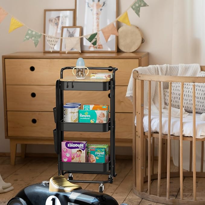 DTK 3 Tier Metal Utility Rolling Cart with Table Top and Side Bags, Tray Storage Organizer Wheels, Art Craft 4 Hooks for Kitchen Bathroom Office Living Room (Black)-Velvo Beauty