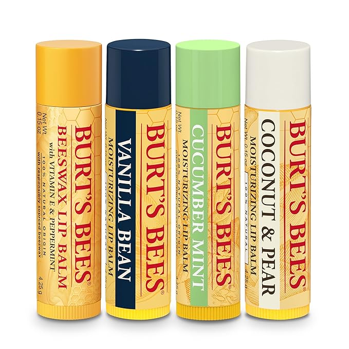 Burt’s Bees Holiday Gift, 4 Lip Balm Stocking Stuffer Products, Beeswax Bounty Assorted Set - Original Beeswax, Vanilla Bean, Cucumber Mint & Coconut Pear (Old Verison)-Velvo Beauty