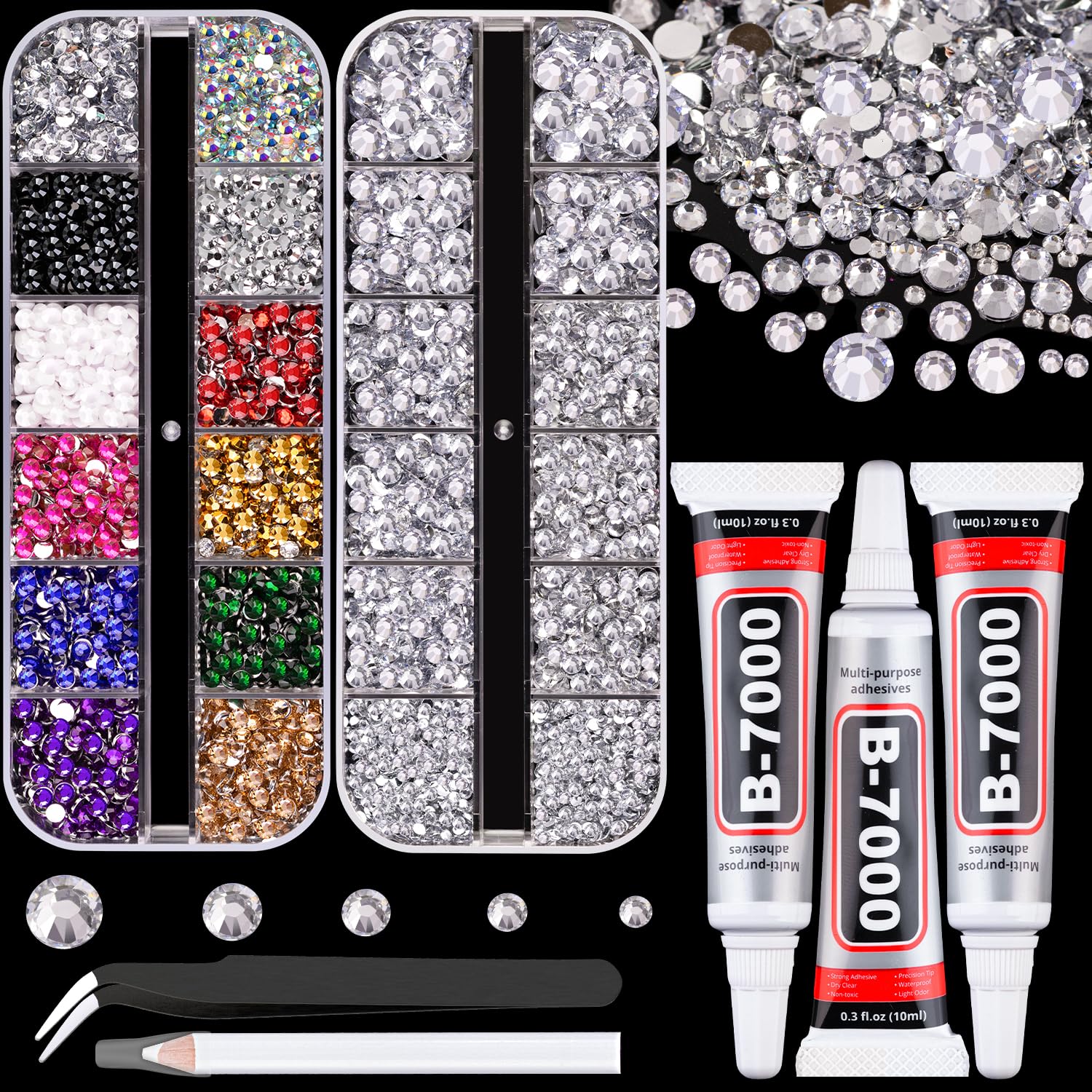 Resin Rhinestones for Crafting with B7000 Jewelry Glue, 2 Boxes Clear+Mix Colors Flatback Crystals with 3Pcs 10ml Glue for Bedazzling Crafts DIY Nail Art Makeup, Gems for Clothing Shoes-Velvo Beauty
