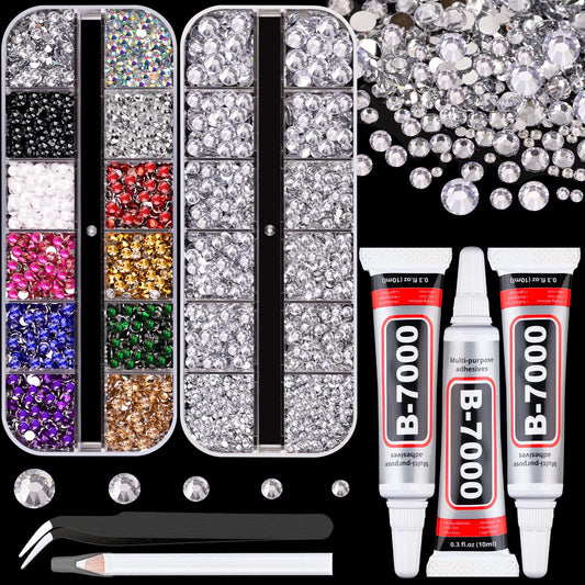 Resin Rhinestones for Crafting with B7000 Jewelry Glue, 2 Boxes Clear+Mix Colors Flatback Crystals with 3Pcs 10ml Glue for Bedazzling Crafts DIY Nail Art Makeup, Gems for Clothing Shoes-Velvo Beauty