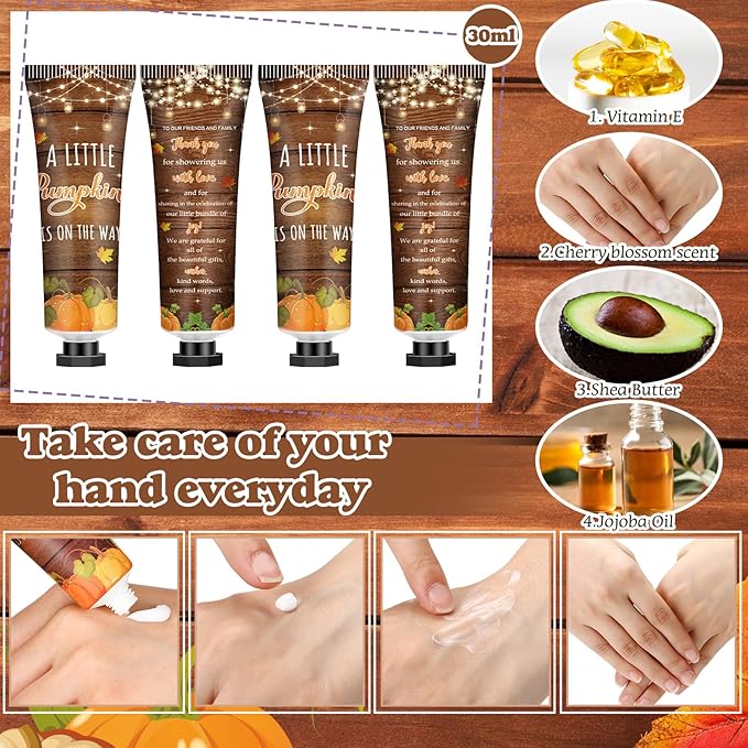 50 Sets 200 Pcs Baby Shower Hand Lotion and Lip Balm Gift Theme Baby Shower Party Favors Travel Size Hand Lotion and Lip Balm Bulk with Organza Bags Tags(Rustic Pumpkin)-Velvo Beauty