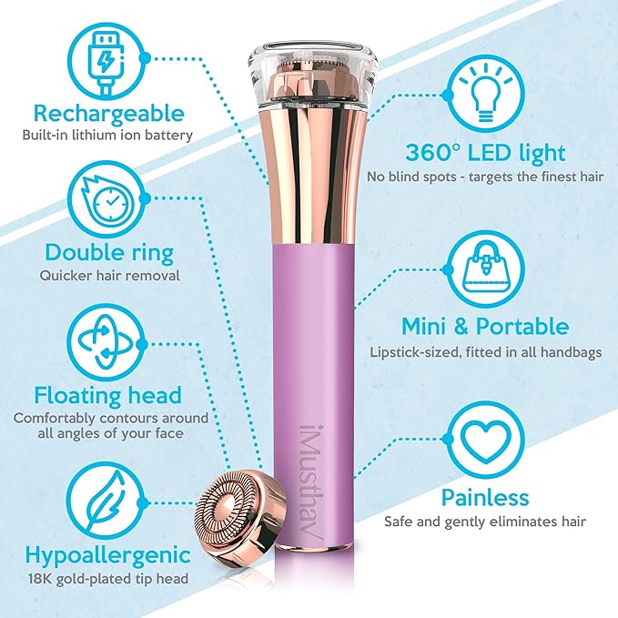 Facial Hair Remover for Women Painless Flawless Electric Razor Epilator Trimmer Shaver with 18K Gold-Plated, 16mm Dual Ring Floating Head, USB Rechargeable, 360° LED for Face Lip Hair Removal-Velvo Beauty