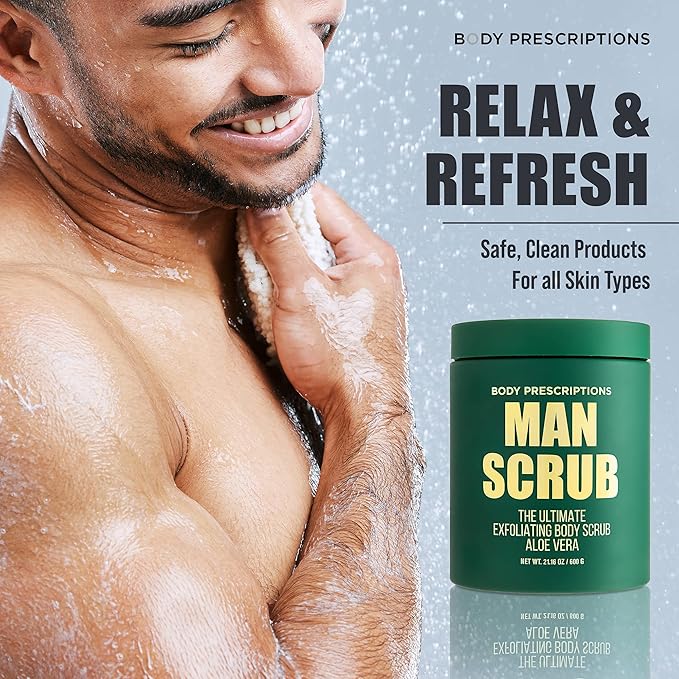 Body Prescriptions Men’s Exfoliating Body Scrub – Ultimate Skin Cleansing Wash in Jar with Twist-Top Lid, For All Skin Types, 21 Ounce (Pack of 4), Aloe Vera-Velvo Beauty