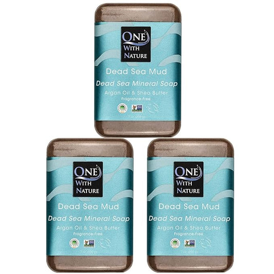 One With Nature Dead Sea Mineral Mud Soap Bar, 7 oz, Fragrance Free, Shea Butter, Argan Oil, Magnesium, Sulfur, 21 Minerals, Soothes Skin, Exfoliates-Velvo Beauty