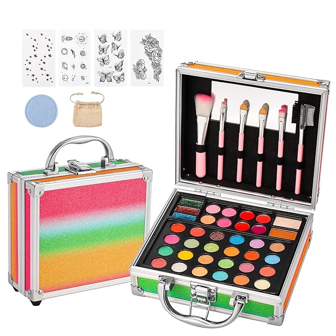 Anpro All-In-One Makeup Carry Case with Pro Teen Makeup Set, Full Starter Cosmetics Kit with Makeup Brushes, Eye Shadows Palette, Blushes, Glitter Gel, Temporary Tattoo Stickers-Velvo Beauty