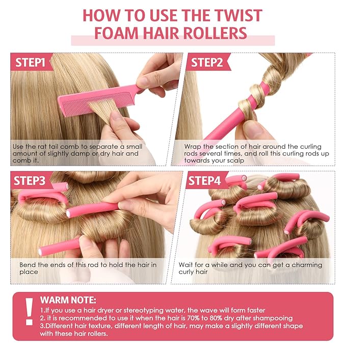 Syhood 30 Pcs 7'' Flexible Curling Rods Twist Foam Hair Rollers Soft Foam No Heat Hair Rods Rollers and 1 Steel Pintail Comb Rat Tail Comb for Women Long Short Hair(Pink,7 x 0.47 Inch)-Velvo Beauty