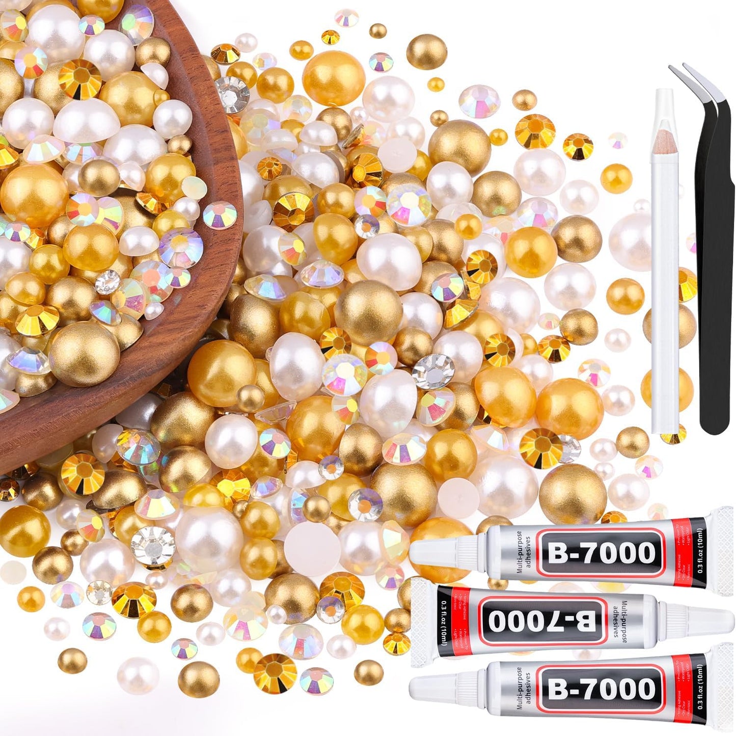80g Flatback Pearls and Rhinestones for Crafting, White Brown 3-10mm Resin Rhinestones and Half Pearls for Bedazzling, Nail Art and Dec with 3pcs 10ml B7000 Jewelry Glue, Tweezer and Pickup Pencil-Velvo Beauty