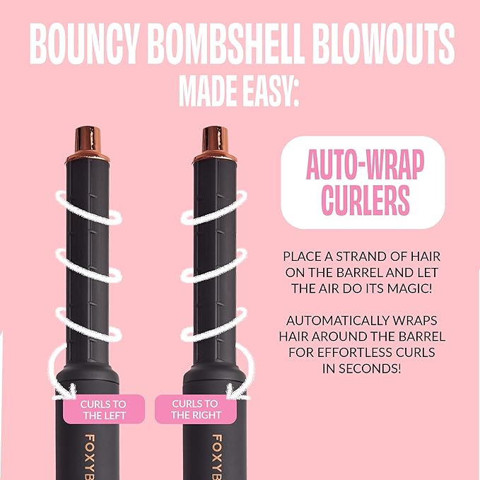 FoxyBae Super Styler Pro Interchangeable 5 in 1 Hair Styler Wand Curling Iron Set - w/Drying Cylinder, Ceramic Blowout & Round Brushes, 2 Auto-Wrap Curlers - Frizz-Free, Smooth Hair [Black Rose-Gold]-Velvo Beauty