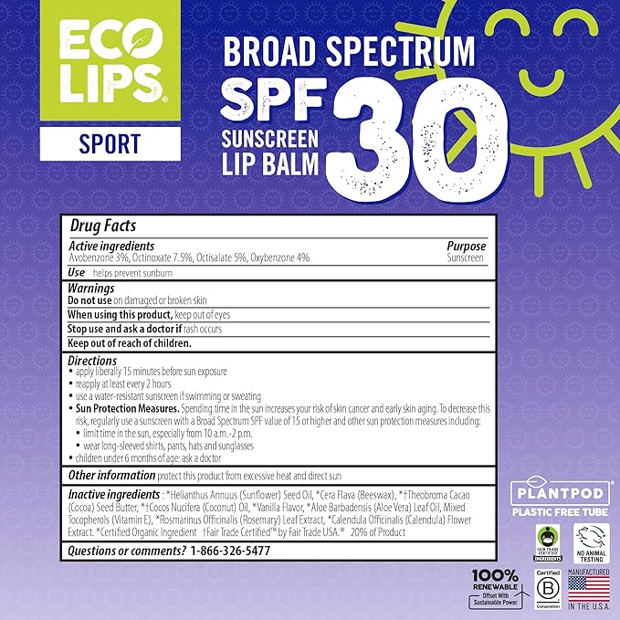 Eco Lips Classic Sport Broad Spectrum Sunscreen Lip Balm 6-Pack - Made in USA (Classic Vanilla SPF 30)-Velvo Beauty