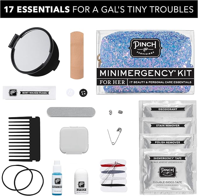 Pinch Provisions Blue Periwinkle Minimergency Kit, includes 17 Travel-Sized Cosmetic Essentials, Convenient for Purses, Emergency Beauty Accessories, Gifts for Holiday’s & Birthday’s-Velvo Beauty