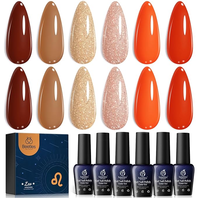 Beetles Fall Gel Polish Nail, 6 Colors Golden Empire Orange Yellow Brown Gel Polish Set Soak Off Uv LED Lamp Trendy Manicure Gel Nail Polish Kit for Girls Women-Velvo Beauty