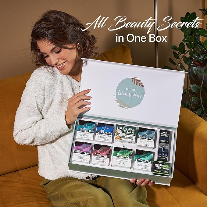 Skincare Gift Set, 10 Anti-Aging Beauty Products for Women & Men, Facial Creams & Moisturizers, Hair Growth Serum, & Hemp Cream, for Hair, Neck, Dark Spots, Scars, Dark Circles, & Dry Skin-Velvo Beauty