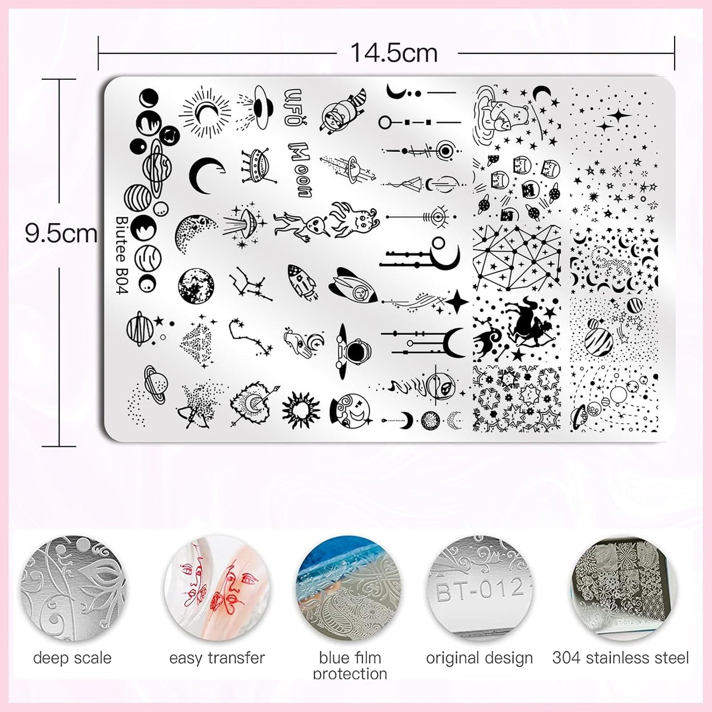 Biutee 4PCS Nail Stamping Plates Set, Includes Nail Art Stamper & Scraper - French Line Lace, Space, Animal, Flower, Leaf Designs - Large Nail Art Stencils Templates for DIY Manicure-Velvo Beauty