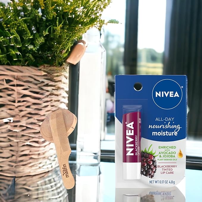 Nivea Lip Balm Hydrating, 0.17 Oz, Enriched with Avocado & Jojoba for Soft, Smooth Lips, Hydrating Lip Balm Includes Moofin Wooden Comb, Blackberry Scent, Lip Balms & Moisturizers, [Pack of 4]-Velvo Beauty