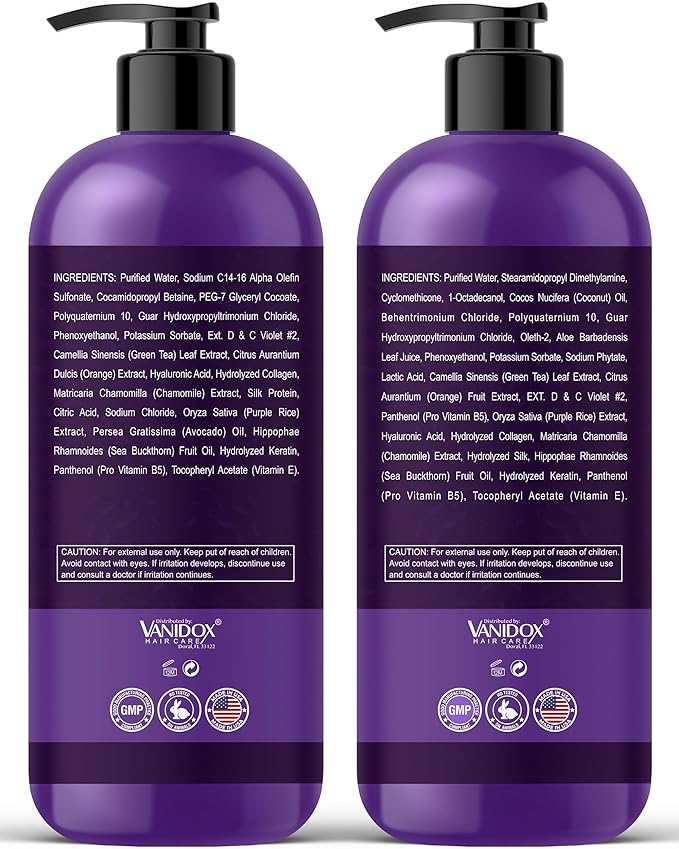 Sulfate Free Brass Toning Purple Shampoo and Conditioner Set for Blondes, Brown Highlighted, or Bleached Hair, Shampoo for Blondes Infused with Purple Rice Extract (16 fl oz each)-Velvo Beauty
