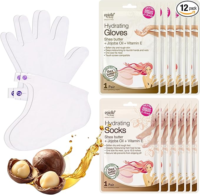 Epielle Hydrating Hand & Foot Masks 12 Pairs, Deep Moisturizing Socks & Gloves, Soften Dry Hands & Cracked Heels with Shea Butter & Jojoba Oil, Korean Skin Care, Foot Spa, Self Care Gifts for Women-Velvo Beauty
