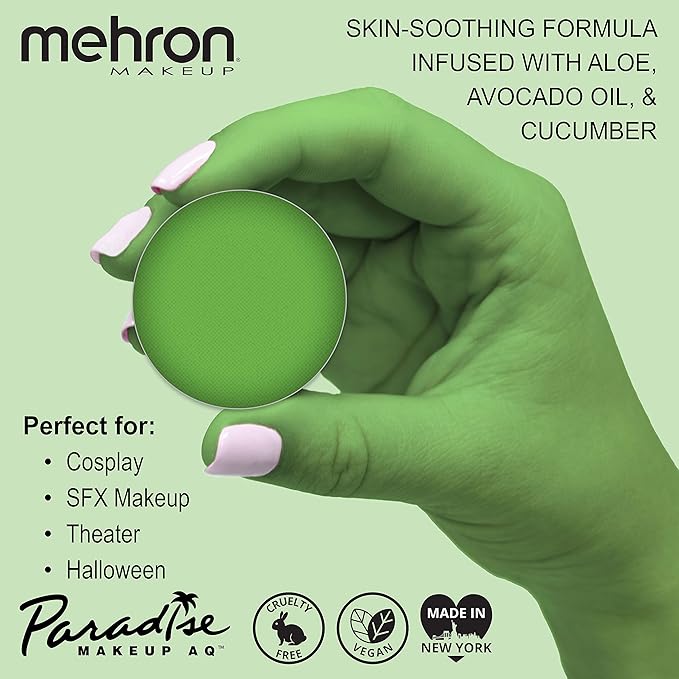 Mehron Makeup Paradise Makeup AQ Refill Size | Stage & Screen, Face & Body Painting, Beauty, Cosplay, Halloween | Water Activated Face Paint, Body Paint, Cosplay Makeup .25 oz (7 ml) (Light Green)-Velvo Beauty