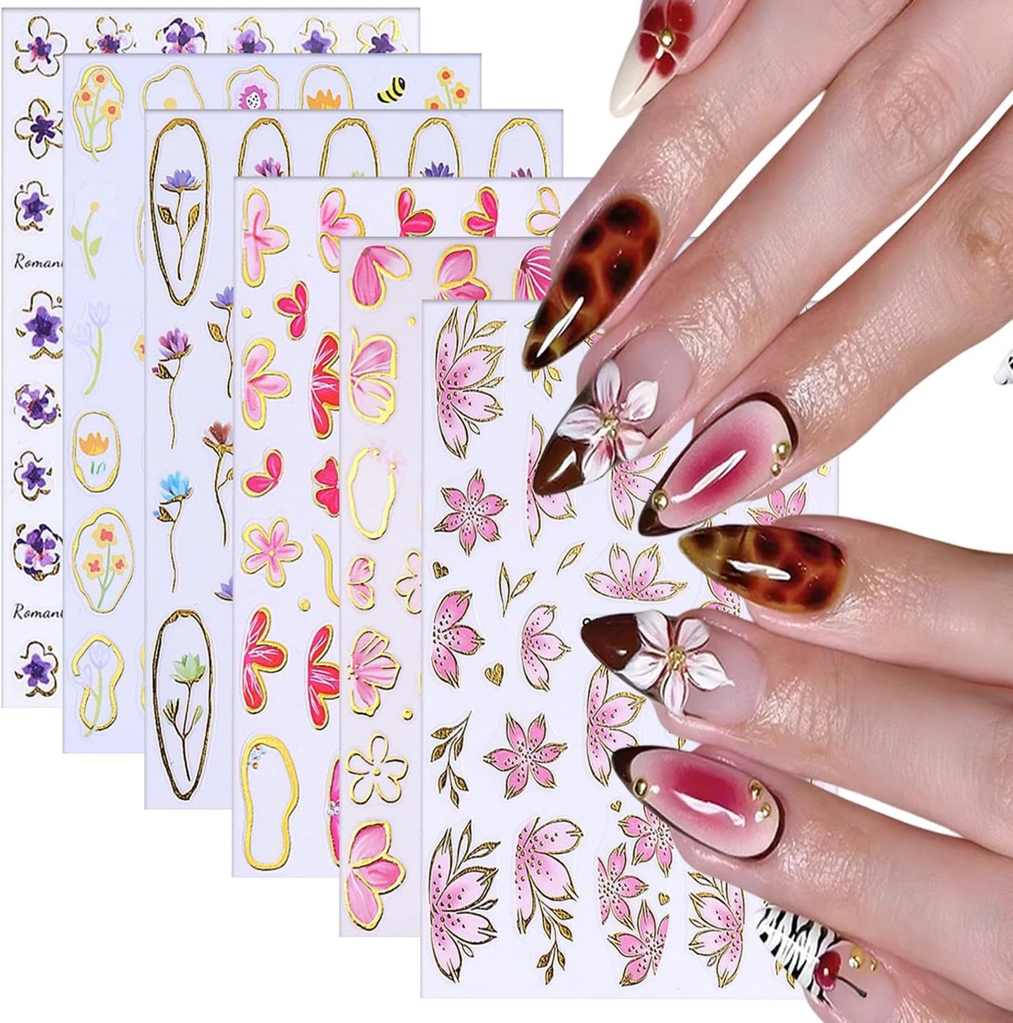 6 Sheets Flower Nail Art Stickers 3D Self-Adhesive Hot Stamping Blossom Nails Sticker Spring Nail Art Decals Holographic Floral Nails Decal Decoration for Women Flowers Manicure DIY Nail Supplies-Velvo Beauty