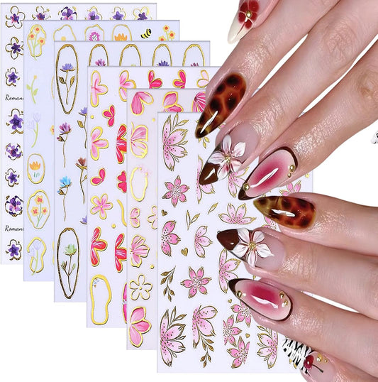6 Sheets Flower Nail Art Stickers 3D Self-Adhesive Hot Stamping Blossom Nails Sticker Spring Nail Art Decals Holographic Floral Nails Decal Decoration for Women Flowers Manicure DIY Nail Supplies-Velvo Beauty