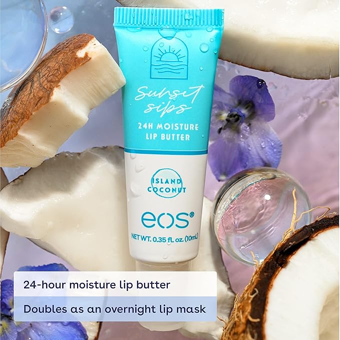 eos Sunset Sips Lip Butter Tube- Island Coconut, 24-Hour Moisture, Overnight Lip Mask, Lip Care Products, 0.35 fl oz (Pack of 2)-Velvo Beauty