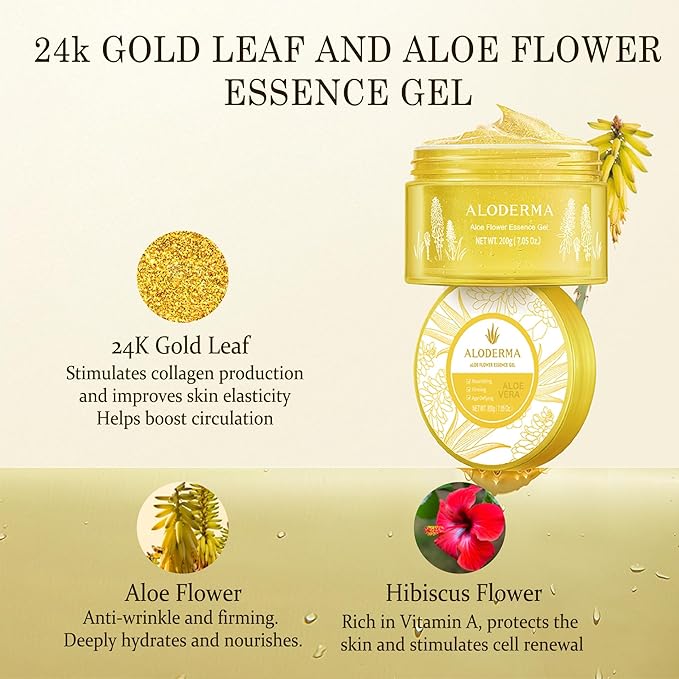 Aloderma Age-Defying Aloe Flower Essence Gel with 24K Gold Leaf, Made within 12 Hours of Harvest - Luxurious Aloe Gel with Allantoin & Hyaluronic Acid for a Shimmering, Youthful Complexion, 7oz 3-Pack-Velvo Beauty