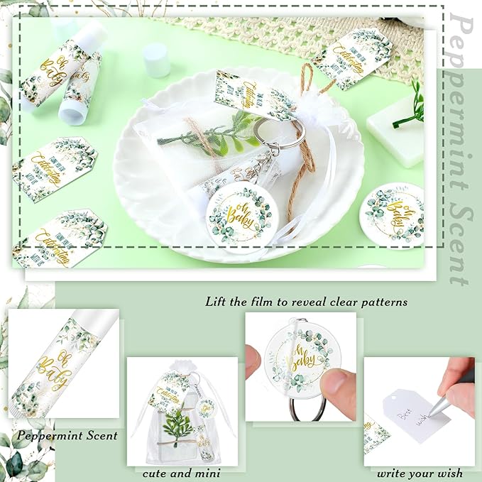 60 Sets 360 Pcs Lip Balm Soap Keychain Favors Eucalyptus Greenery Baby Shower Favors with Organza Bag Gift Card Faux Eucalyptus Greenery for Baby Shower Gift Gender Reveal Guest Prize-Velvo Beauty