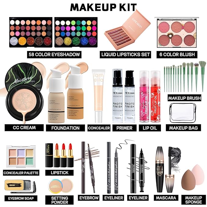 Makeup Set Makeup Set for Women Girls Teens Full Kit, Makeup Present Set for Beginners and Professionals Include Eyeshadow Palettes, Foundation, CC Cream, Liquid Lipsticks Set-Velvo Beauty