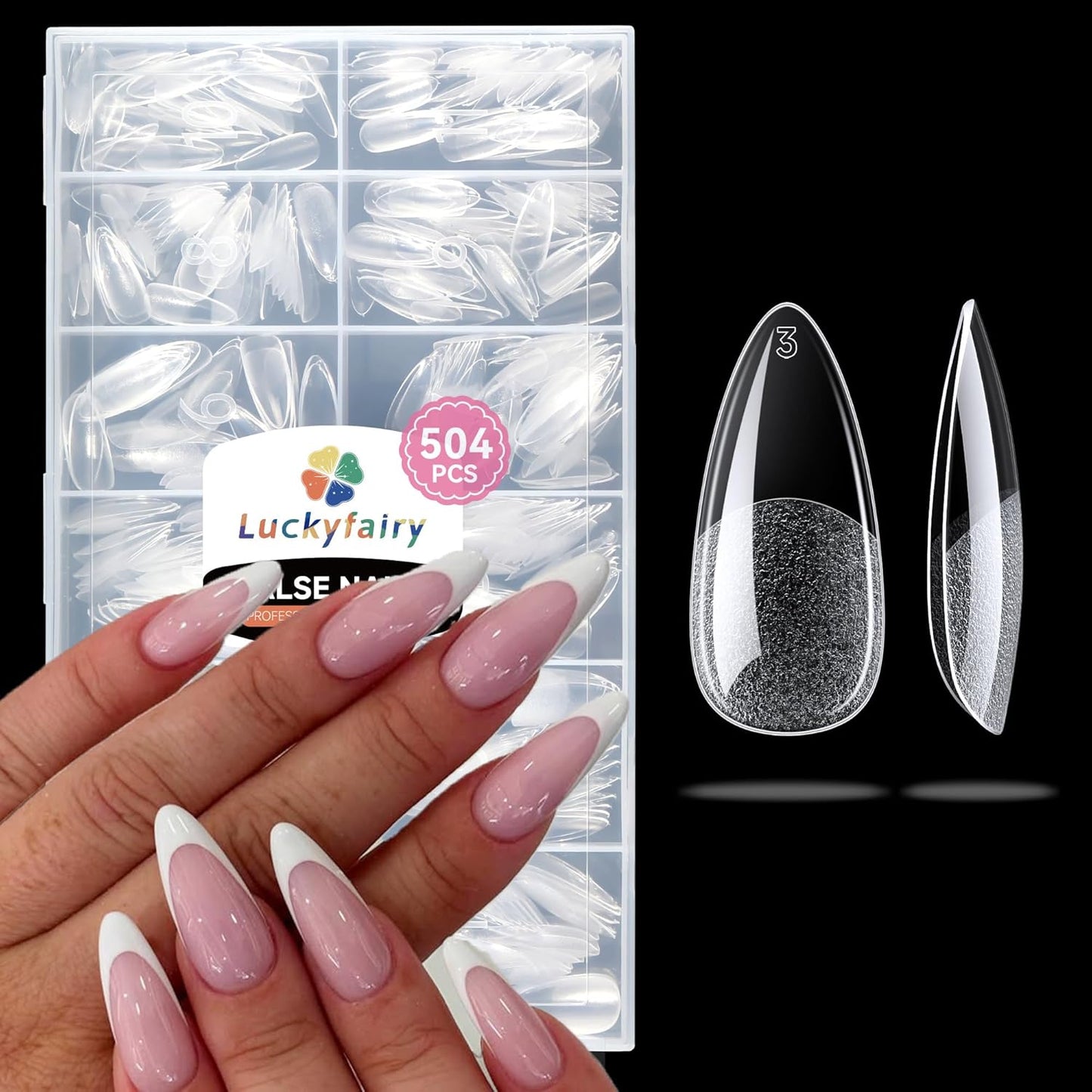 Medium Almond Nail Tips, 504pcs Soft Gel Pre-Filed Acrylic Almond Fake Nails, Half Matte Full Cover Clear Press on Flase Nail Tips for Nail Extension Home DIY 12 Sizes-Velvo Beauty