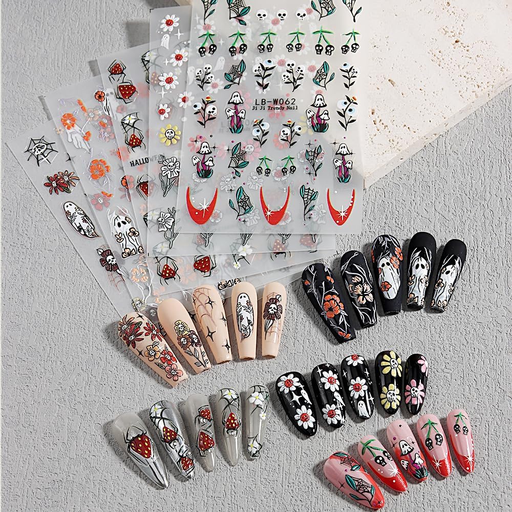 5 Sheets Halloween Nail Art Stickers Horror Ghost Self-Adhesive Embossed Flower Skull Nail Decals - with Cute Sunflower Strawberry Spider Ghost Designs for Women Girls DIY Nail Decoration-Velvo Beauty